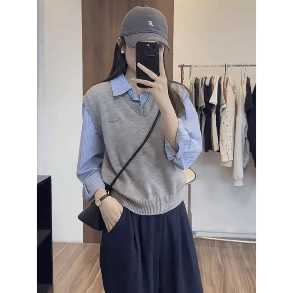 时尚假两件条纹拼接针织长袖衬衫女秋季新款休闲学院风叠穿上衣潮