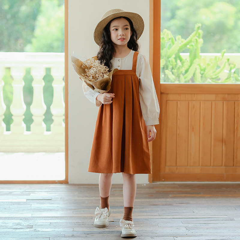 女童假两件背带连衣裙2025新款时尚长袖裙子中大童女孩洋气春秋装