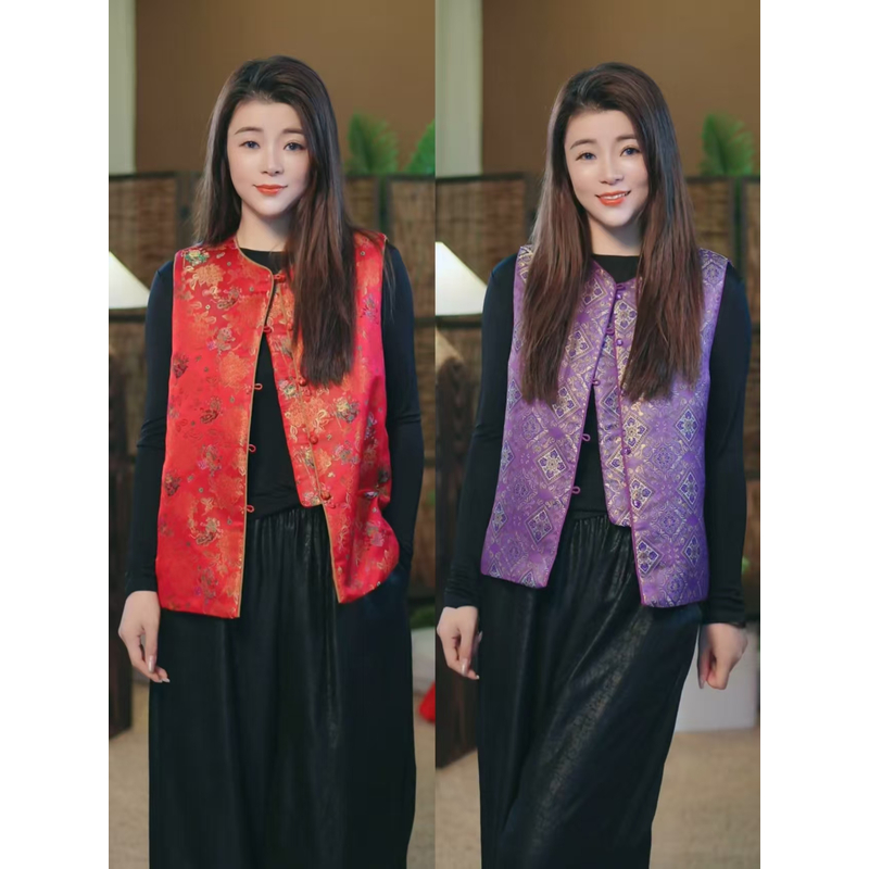 杯子家《圆领宋锦蚕丝棉马甲》秋冬保暖加厚百搭高贵无袖款