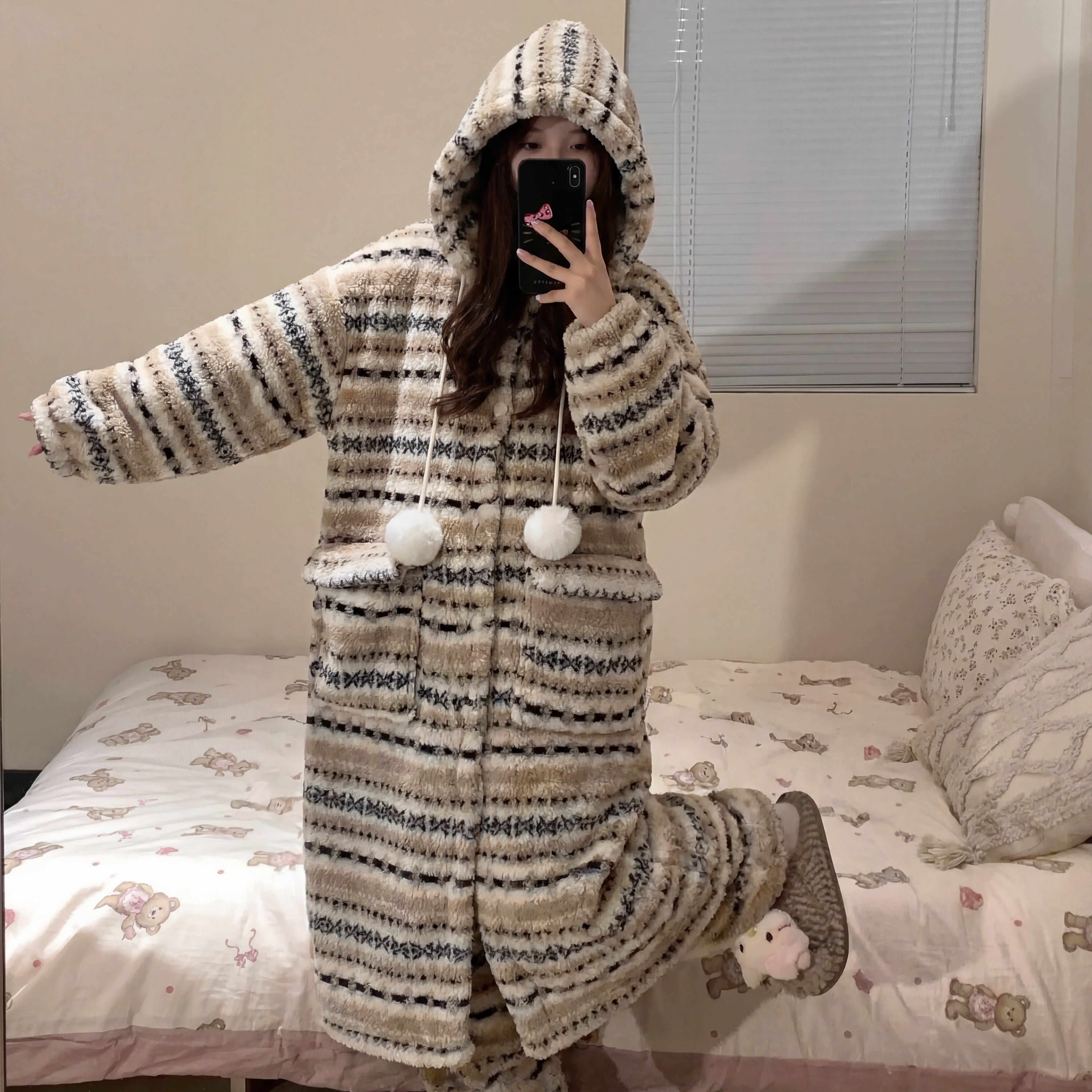 【费尔岛系列】冬季新品加绒加厚连帽宅家睡袍女生可外穿家居服套装