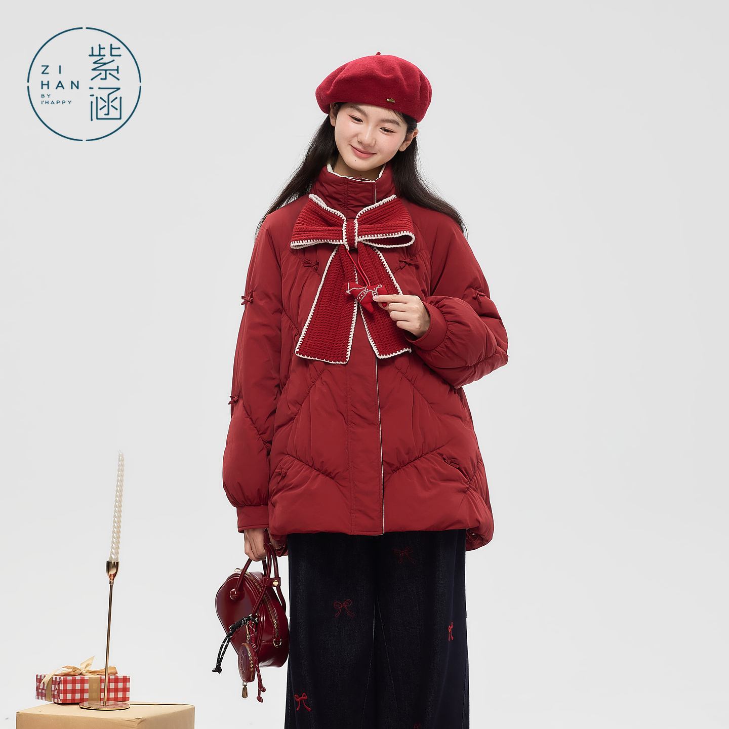 紫涵一手长红色羽绒服女2025年冬季新款蝴蝶白鸭绒外套Z5Z11KF653