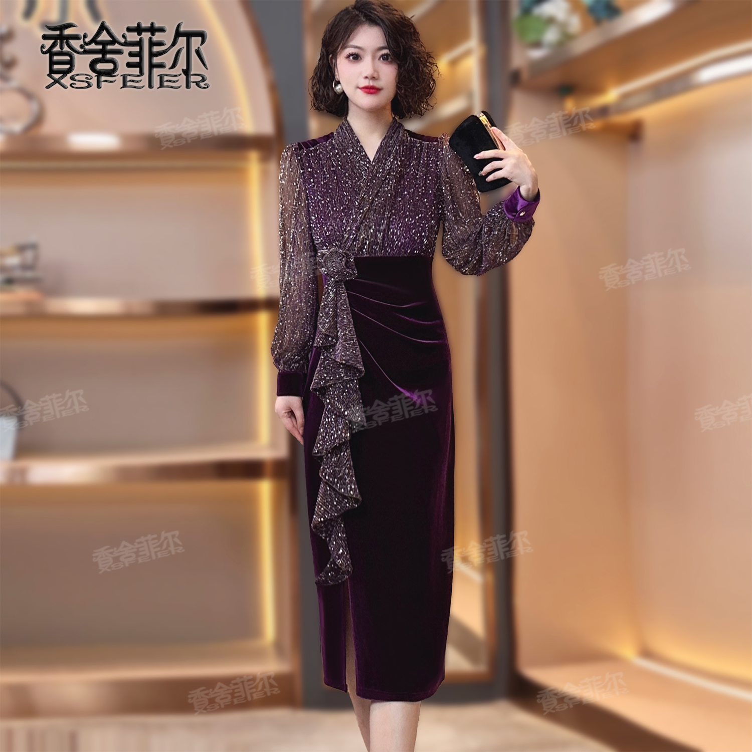 【香舍菲尔】85563-法式气质百搭显瘦轻奢修身连衣裙-佩（送腰花）