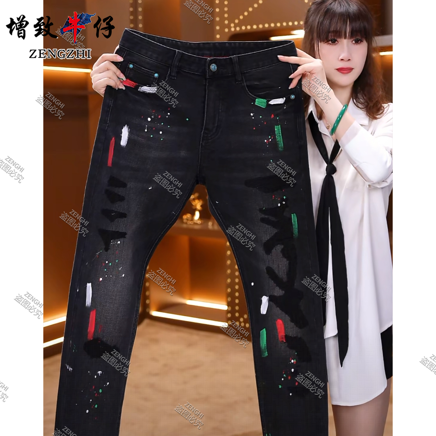 【手绘顶奢高定】黑灰色5080牛仔裤男士弹力长裤休闲直筒