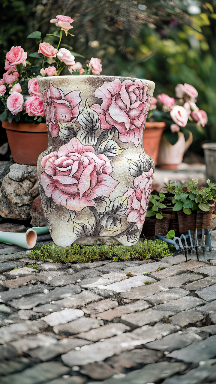 手捏红陶花卉植物家用直筒万象可乐杯花盆红陶花盆手绘精品手工