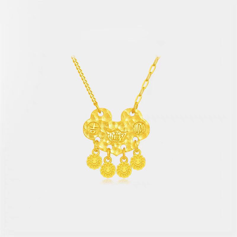 古法金色锤纹安喜乐流苏安锁流苏项链女吉言金小锁包ab链颈链