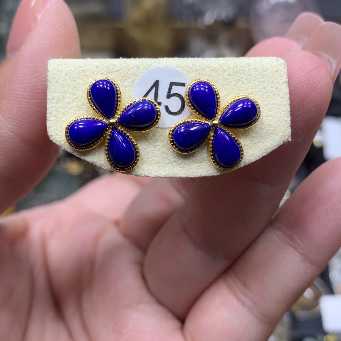 青金石银S925镀金镶嵌耳饰天然青金石