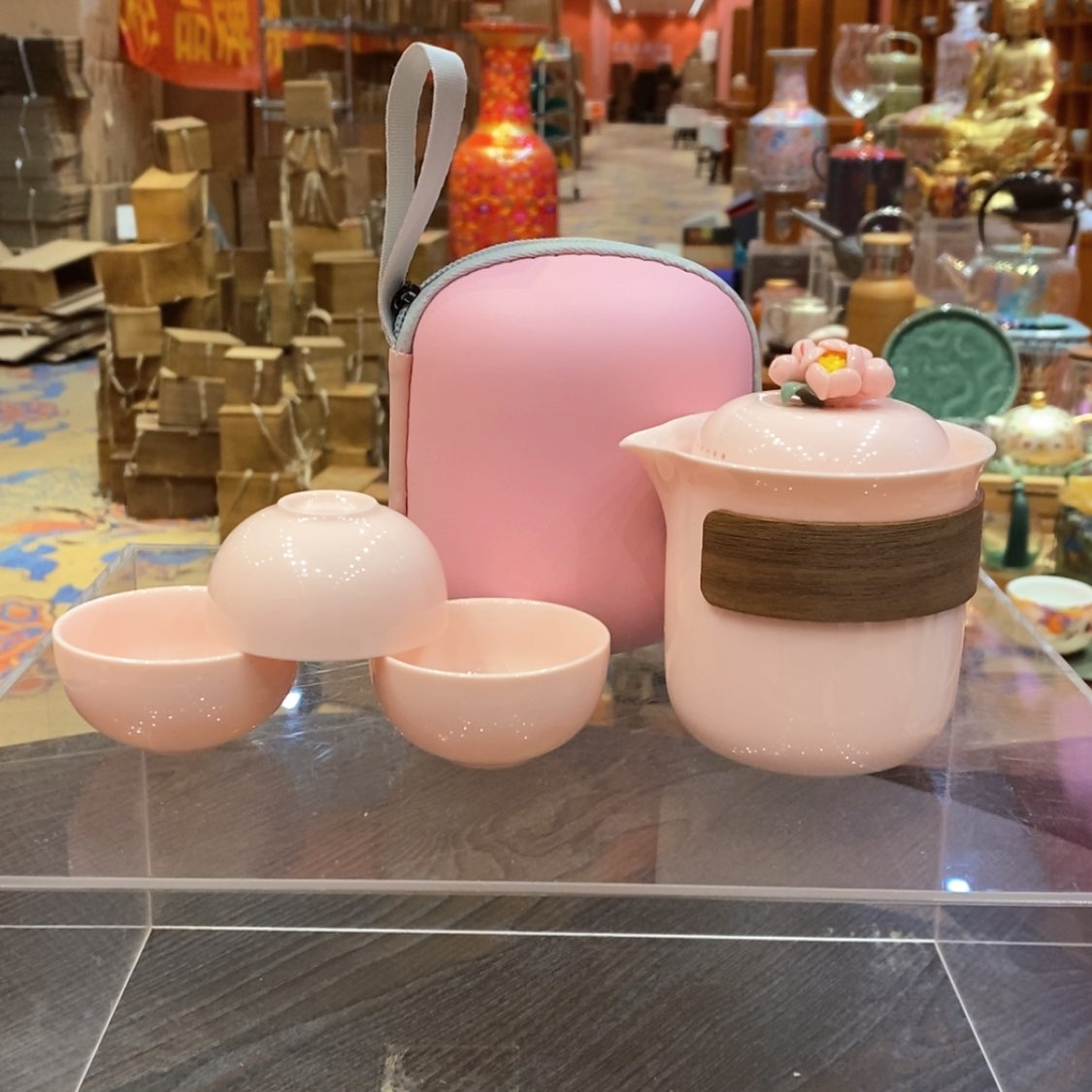 【闪购商品】粉泥捏花旅行茶具一壶三杯带包393602