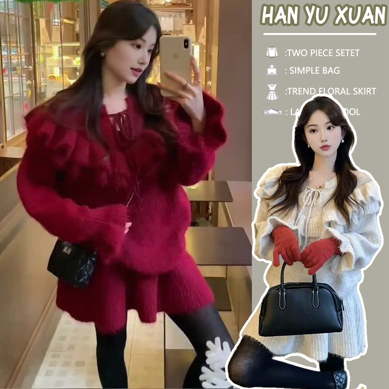 孕妇2026秋冬新年穿搭复古港风老钱风韩系甜美针织木耳边毛衣短裙