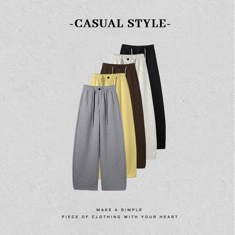 冬款加绒加厚门襟纽扣设计宽松抽绳松紧高腰显瘦弯刀阔腿裤休闲裤