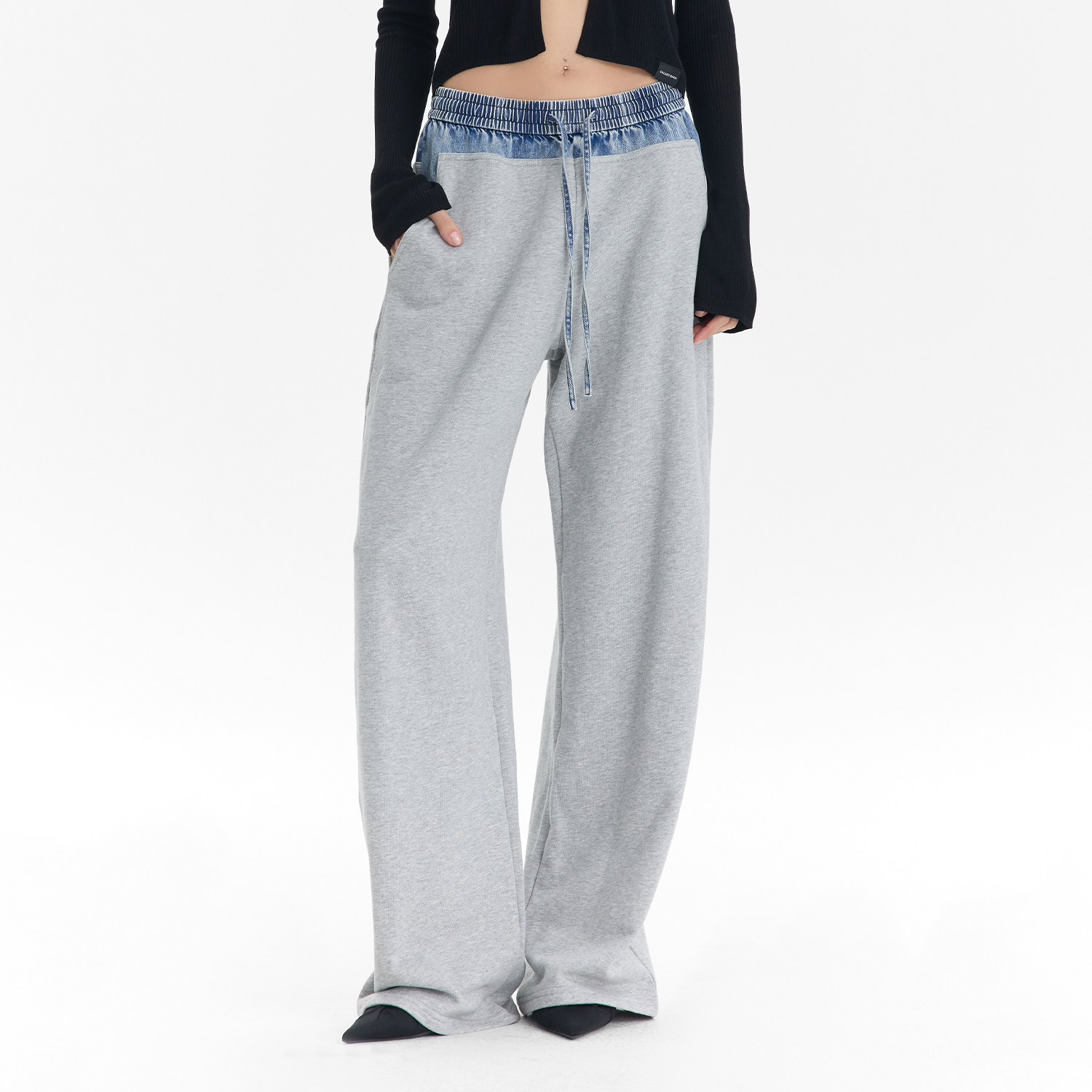 CALLED BACK早秋新款百搭抽绳牛仔拼接阔腿休闲长裤