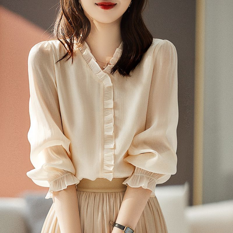 2025春夏新款时尚气质减龄高级时尚肌理V领长袖衬衫大气上衣衬衣