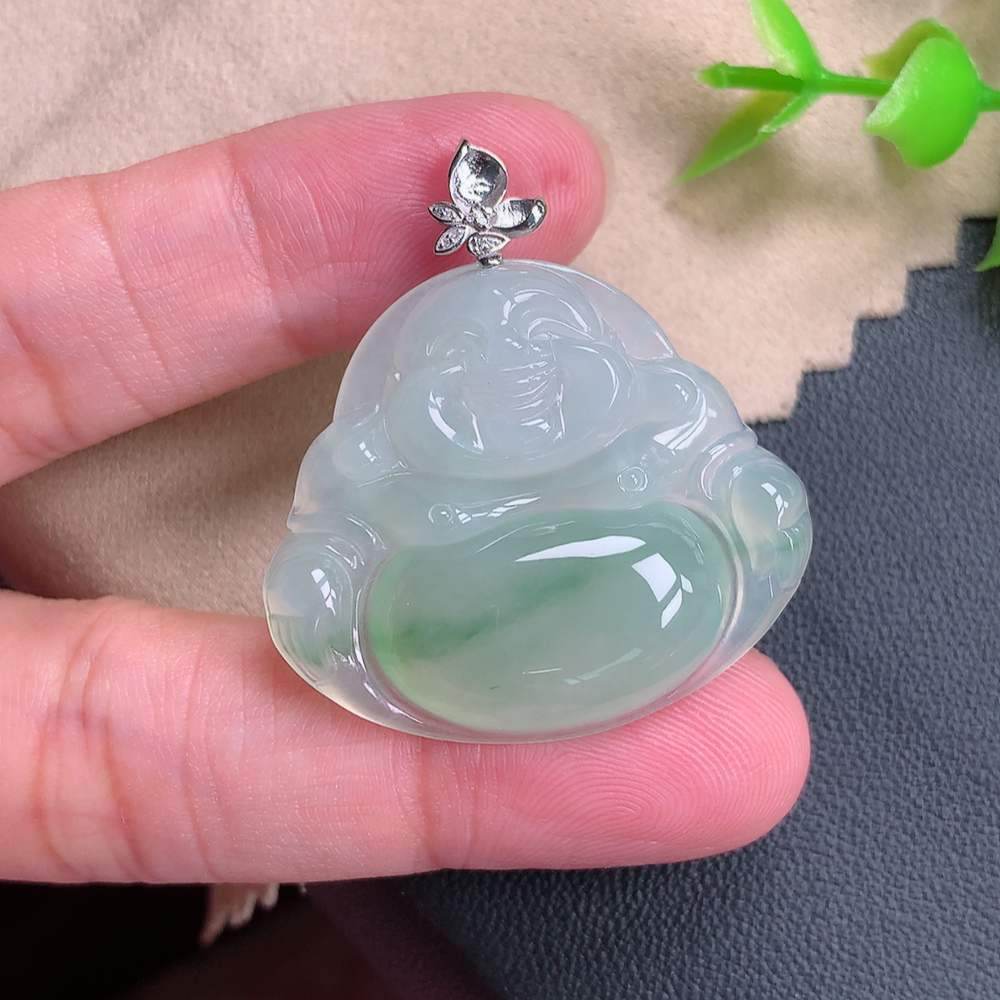 翡翠A货 18k金扣头冰润冰飘绿佛公吊坠 尺寸28.6×33×5.6