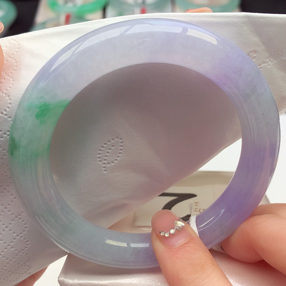 翡翠手镯未镶嵌天然翡翠57-58春彩特色镯胖圆