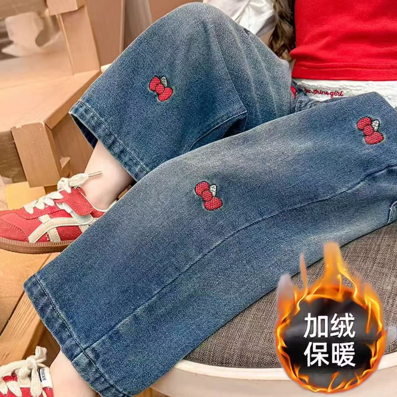 儿童牛仔裤2025秋冬装新款女童冬季加绒外穿长裤女孩冬装加厚裤子