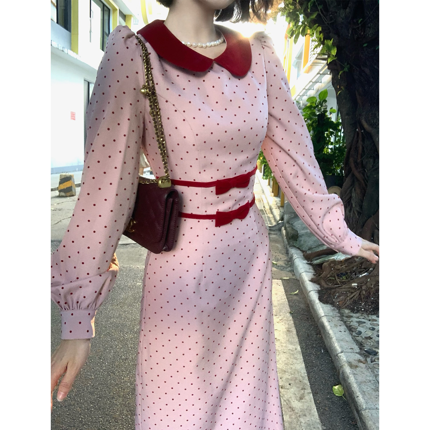 复古波点连衣裙女春秋法式娃娃领收腰显瘦气质中长款温柔风Y2548