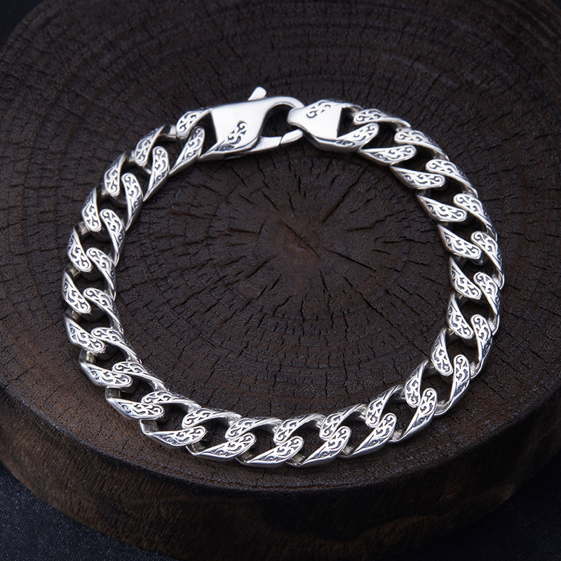 925银手链 男士时尚百搭个性韩版唐草纹手链简约潮流古巴链潮男