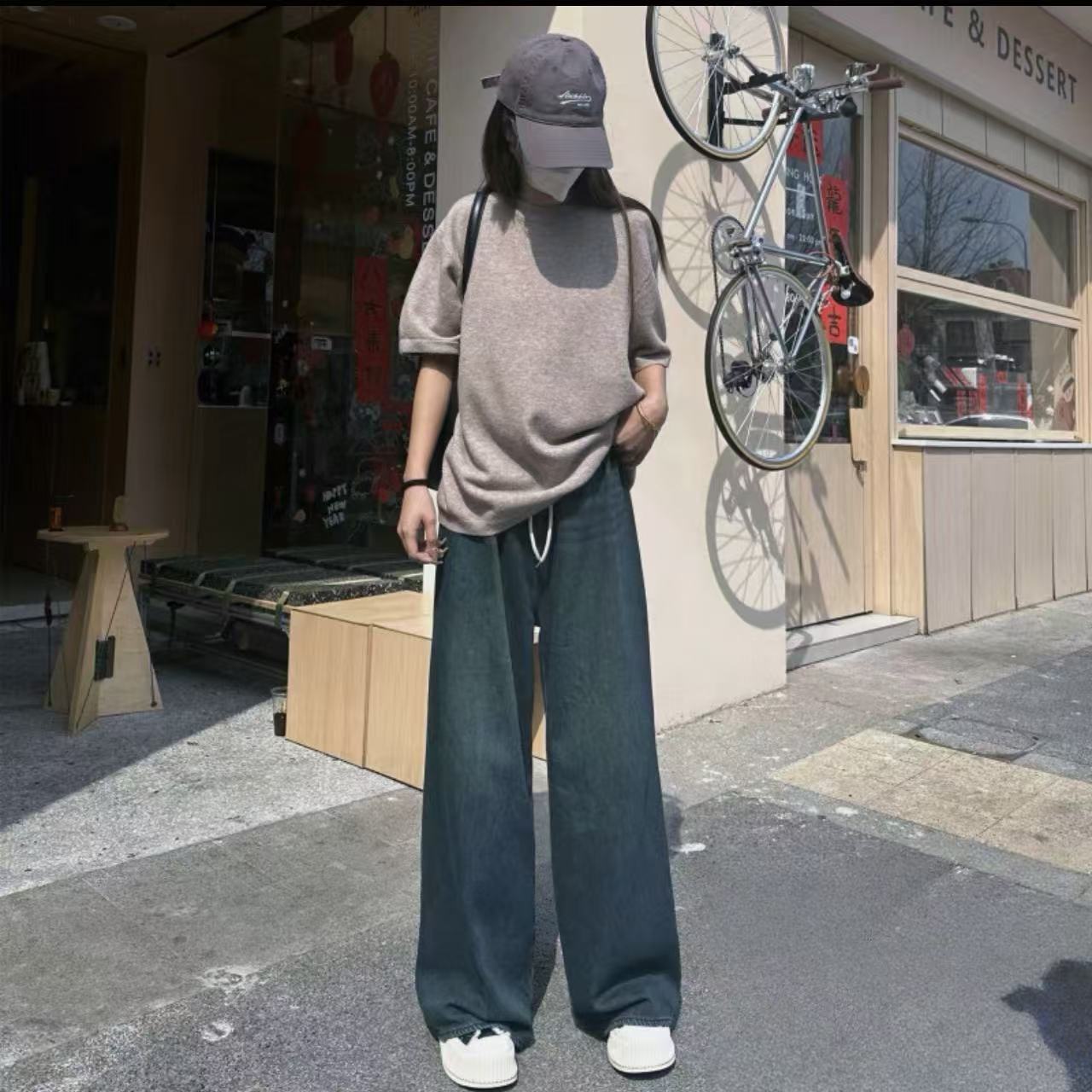 8471-冰氧吧（深蓝色）高腰直筒阔腿牛仔裤