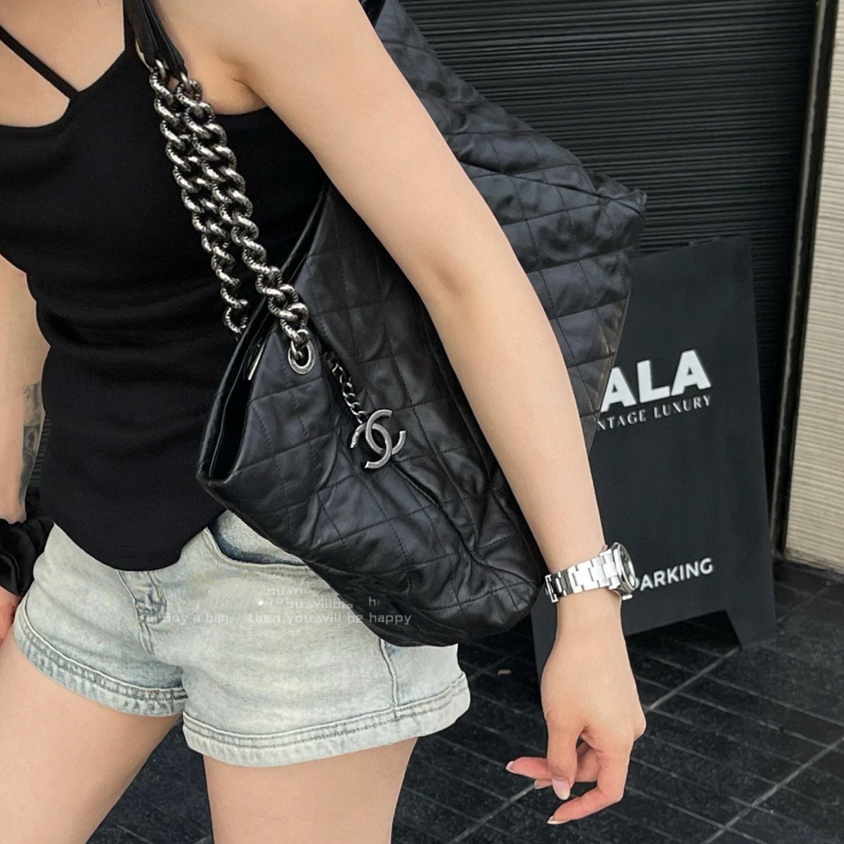 95新 Chanel/香奈儿 黑银牛托特单肩包