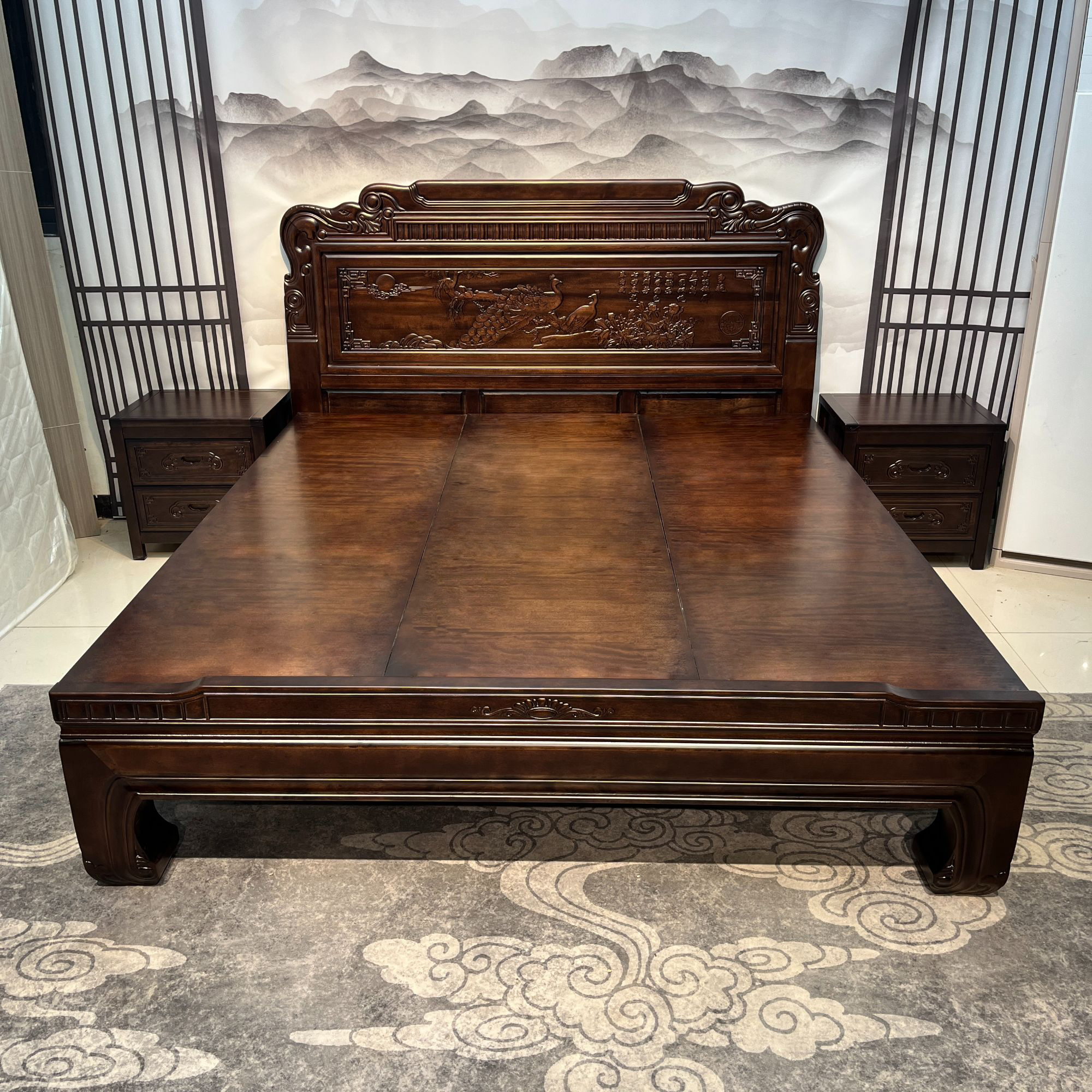 南美檀木【双象孔雀】古典家具感全实木床双人床1.8米x2米网红家具