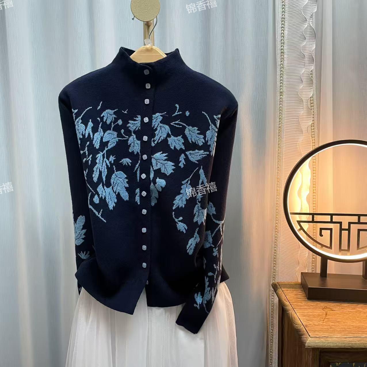 [V966-枫叶情墨蓝]秋款长袖时尚减龄百搭显瘦针织开衫女