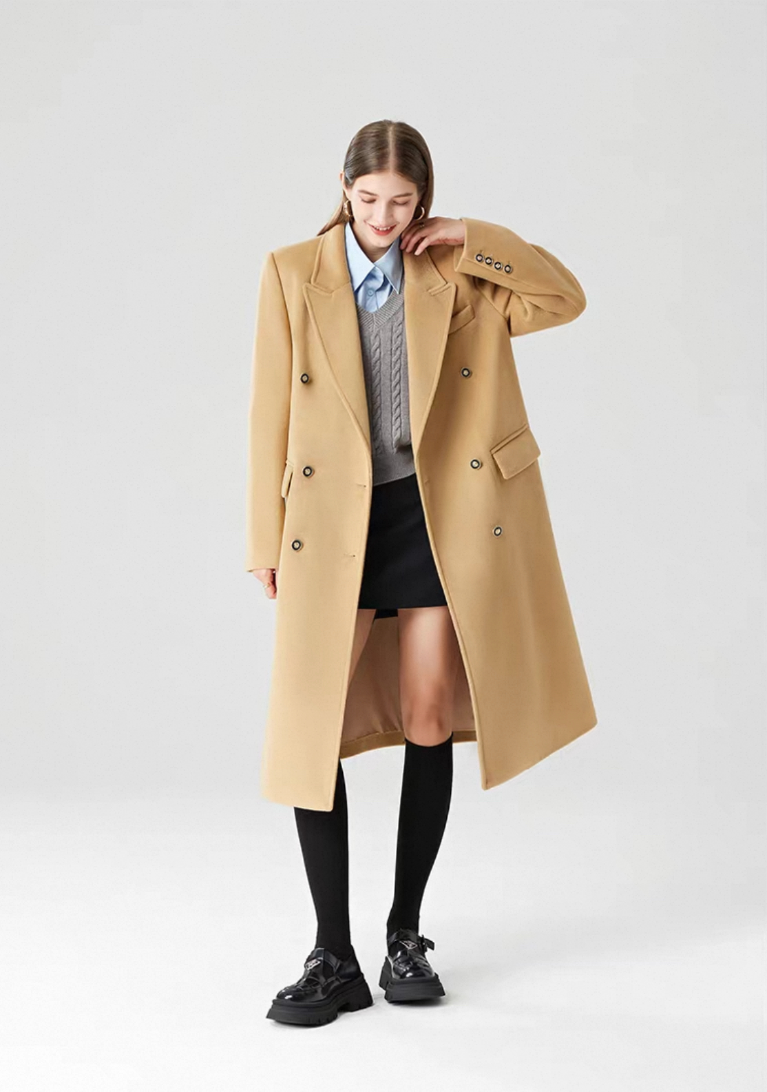 B889 2025秋冬新款宽松版显瘦长款双排扣气质呢子外套外出新款