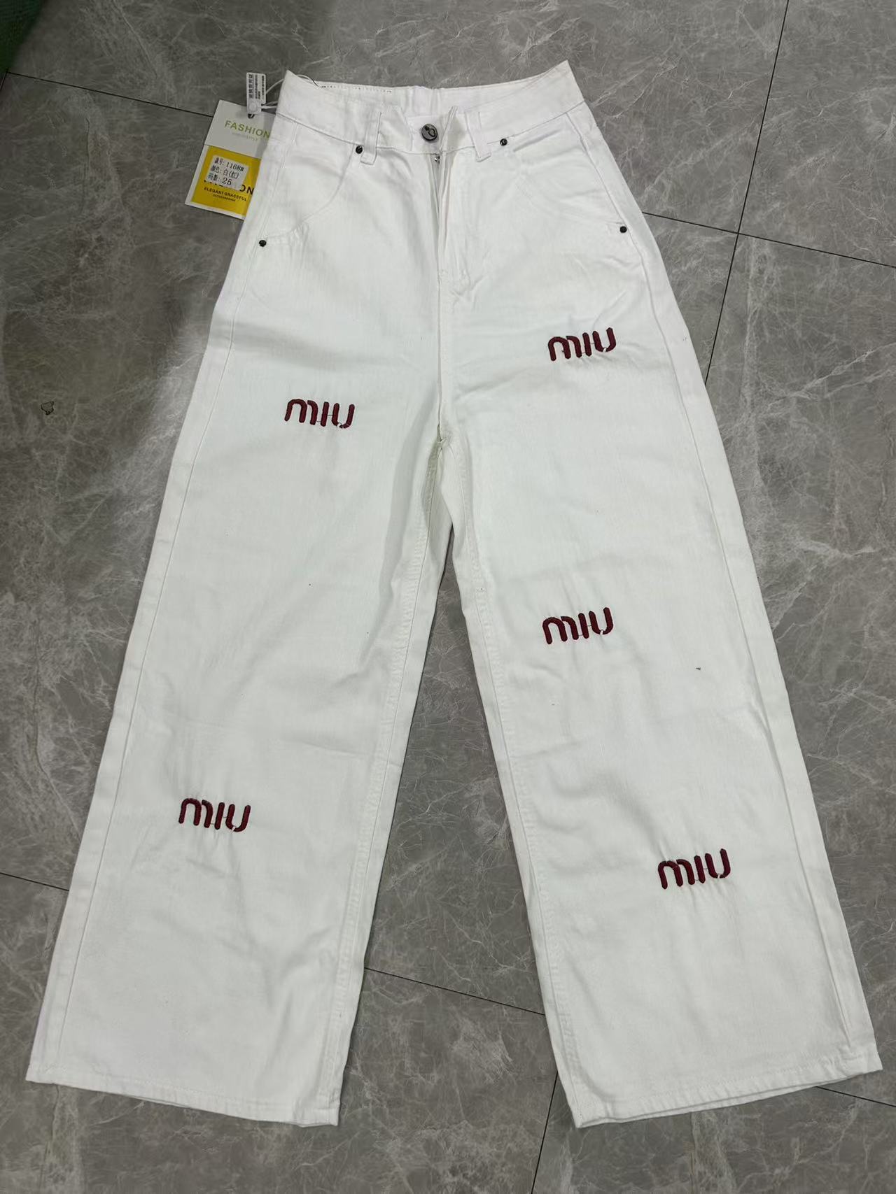 全新正品白色刺绣阔退裤女裤高腰时尚女士直筒春夏水洗潮流百搭