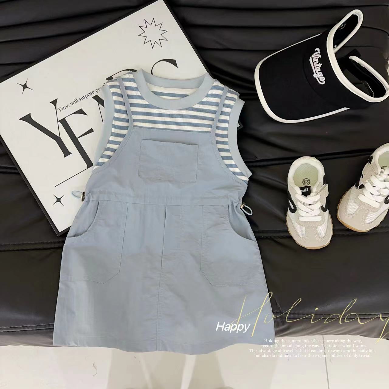 汤圆家童装2025夏季新款韩系工装假两件条纹连衣裙 YA-2103