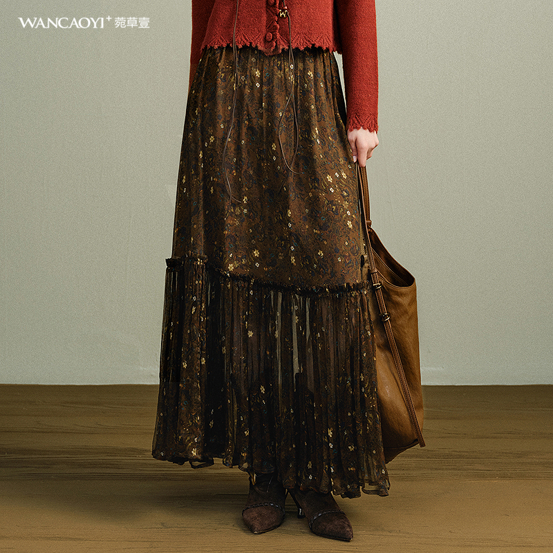 【李兰迪同款】菀草壹2026春季新款印花拼接长款半身裙O31111611