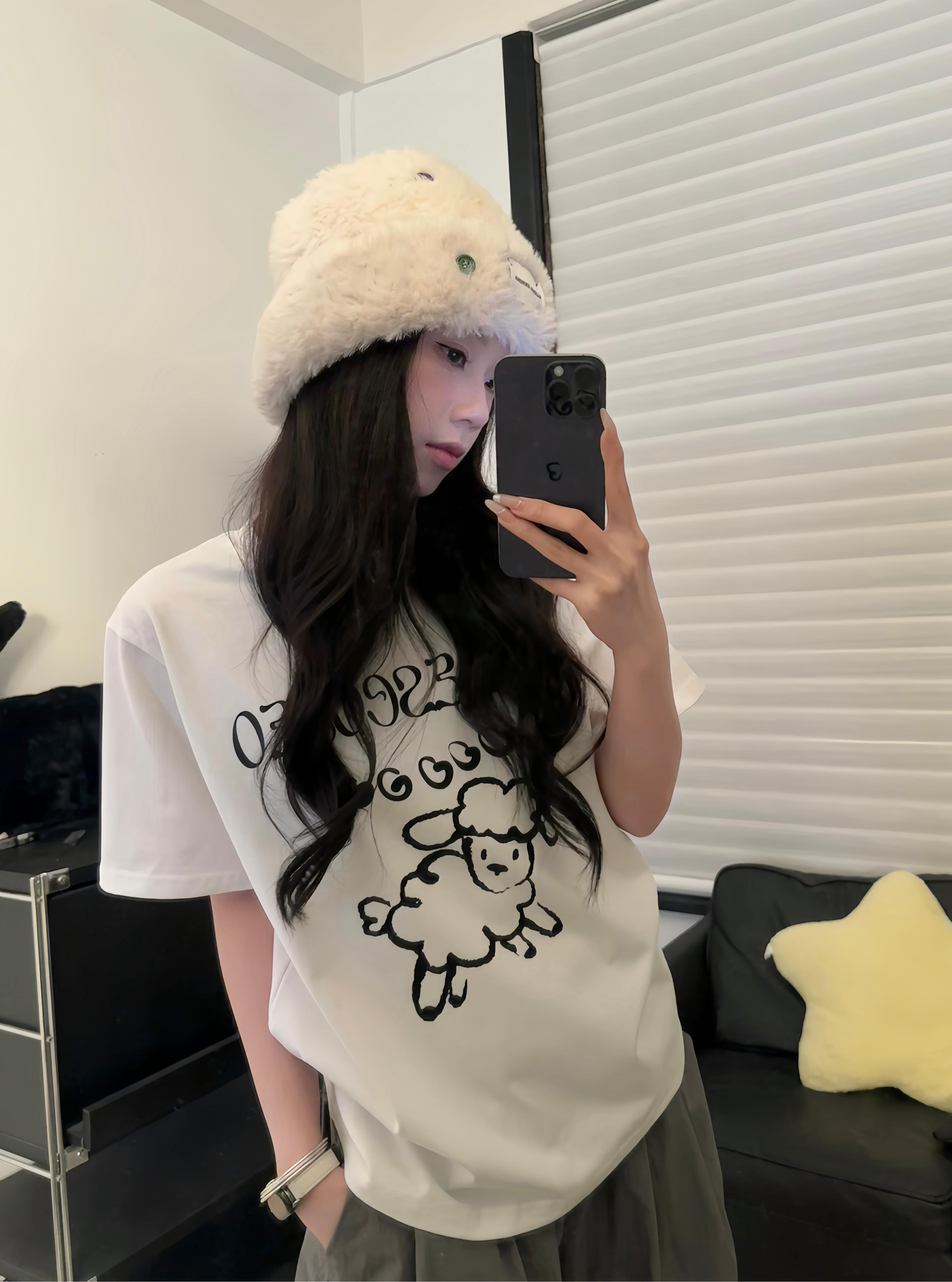 BèBè 小羊印花韩版ins风小众简约百搭纯棉短袖女夏季休闲上衣宽松