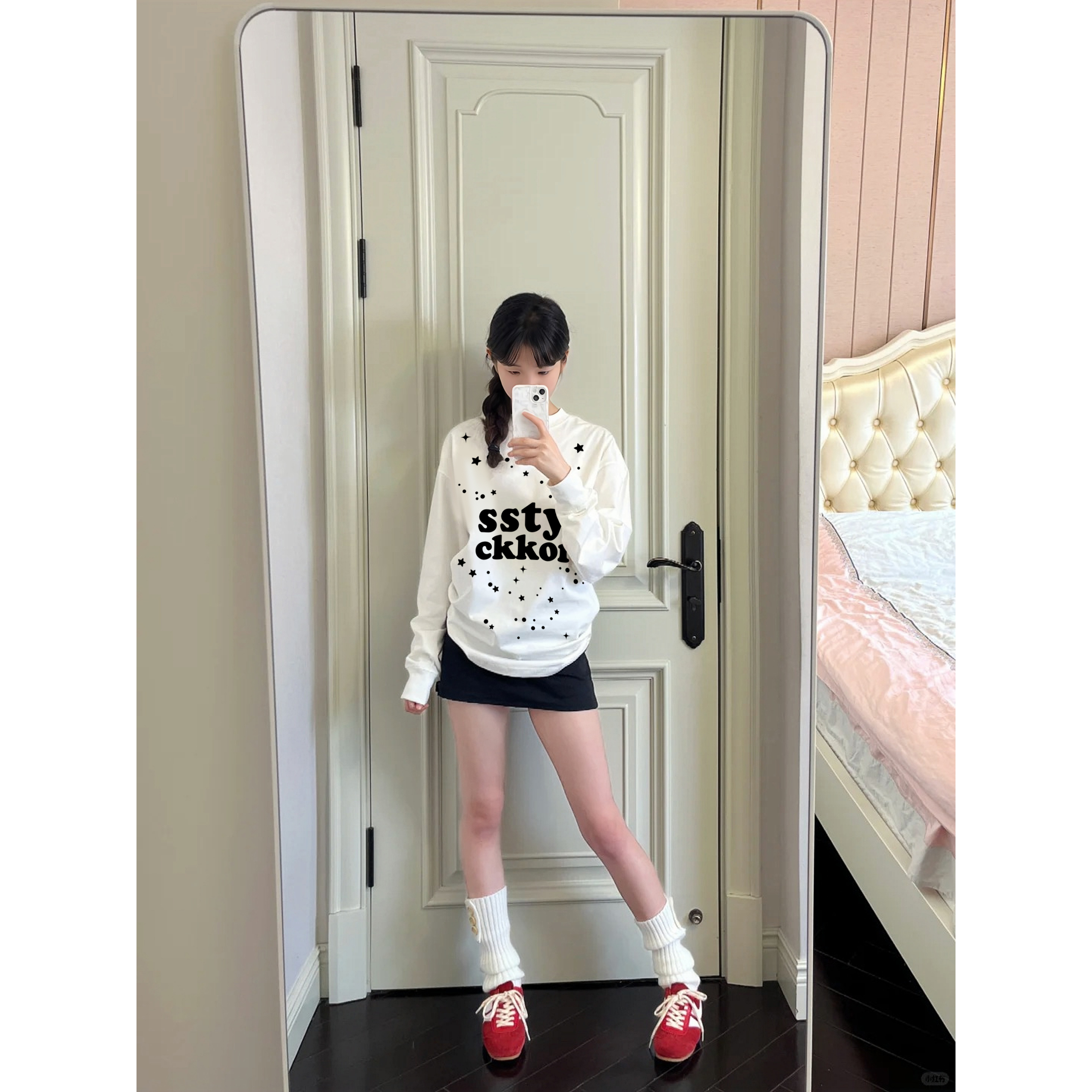 YWBY春秋新款简约休闲风印花螺口重磅纯棉长袖t恤女宽松百搭上衣