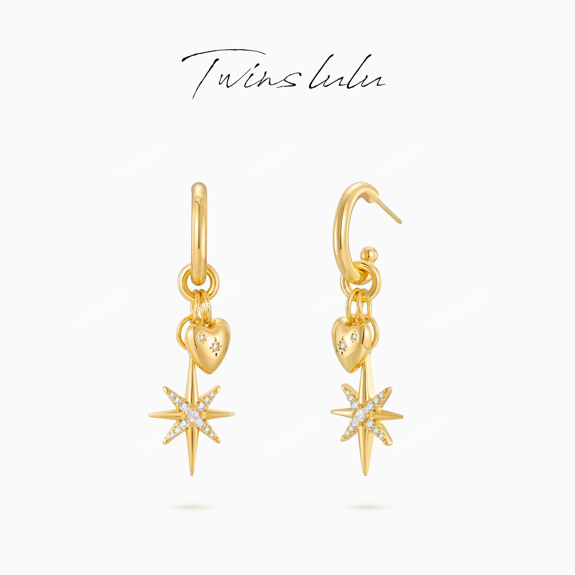 TWINS LULU 镀K金【心芒】小众轻奢时尚爱心八芒星耳环TSL3129