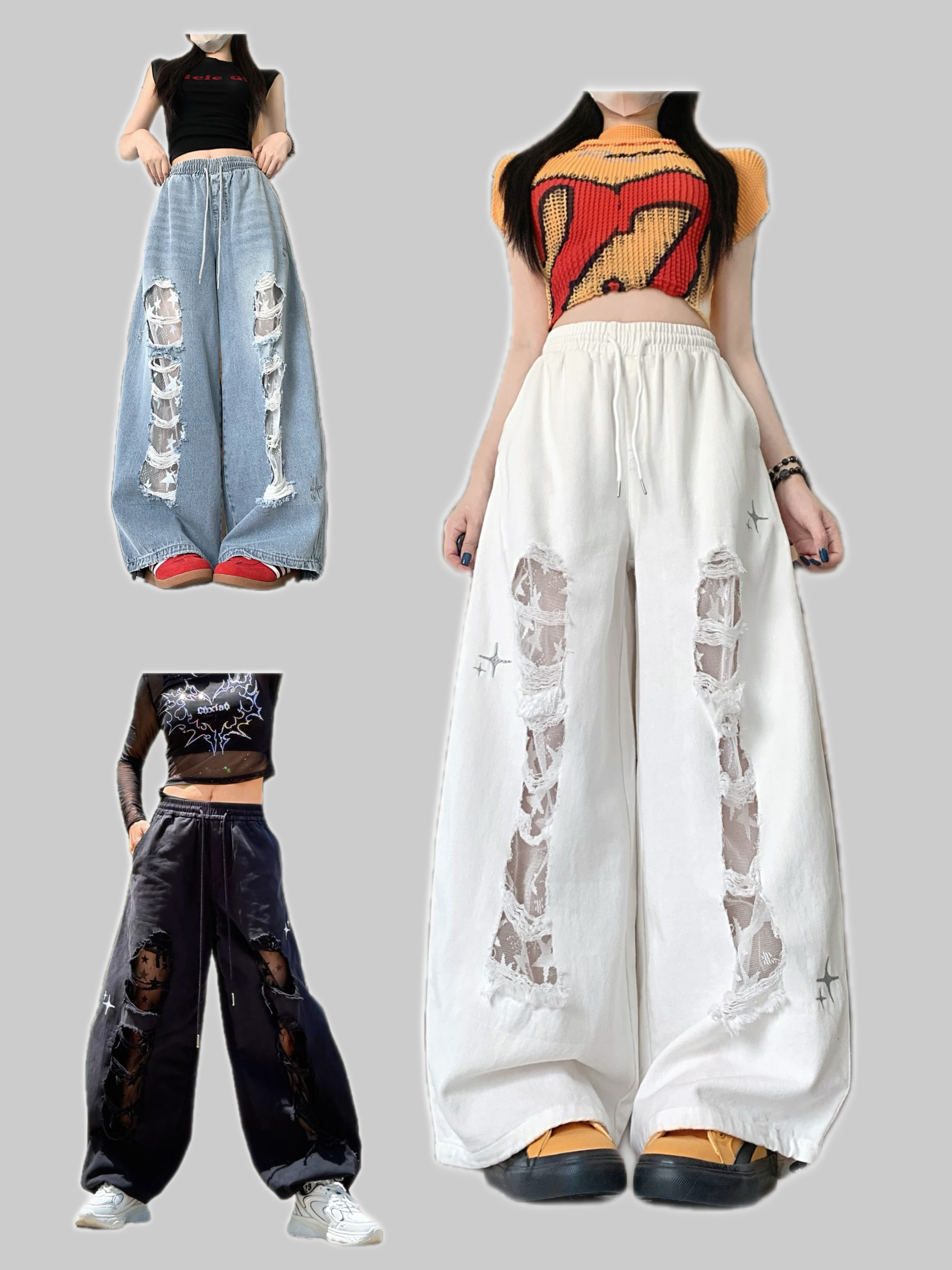8310牛仔蕾丝贴布破洞跳舞长裤阔腿宽松欧美［卡码拍小］