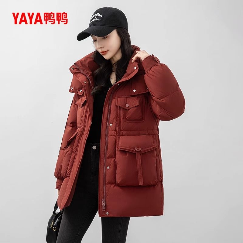 YAYA/鸭鸭羽绒服女款2025冬新品中长款连帽显瘦时尚加厚鸭绒外套