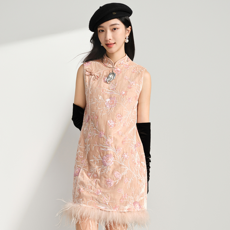 【专享】轻暖国风羽毛流苏背心连衣裙棉服裙DOUBLOVE贝爱2024冬新款