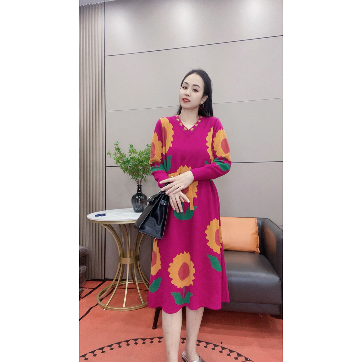 3632 秋冬加厚长袖连衣裙中长款针织毛衣长裙打底外穿毛衣