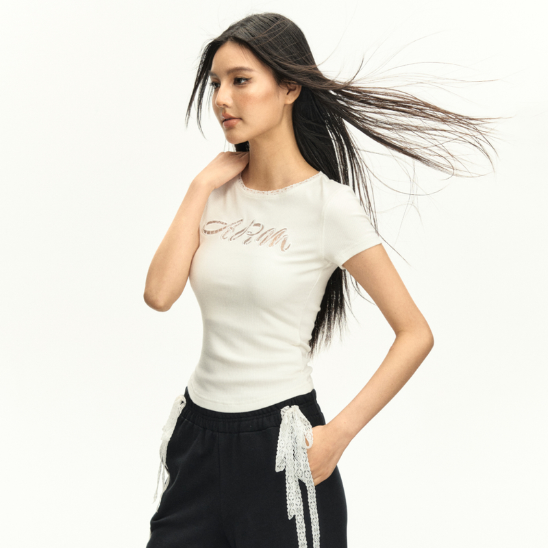Ariseism 美式复古设计感字母蕾丝短袖T恤女夏季新款辣妹修身上衣