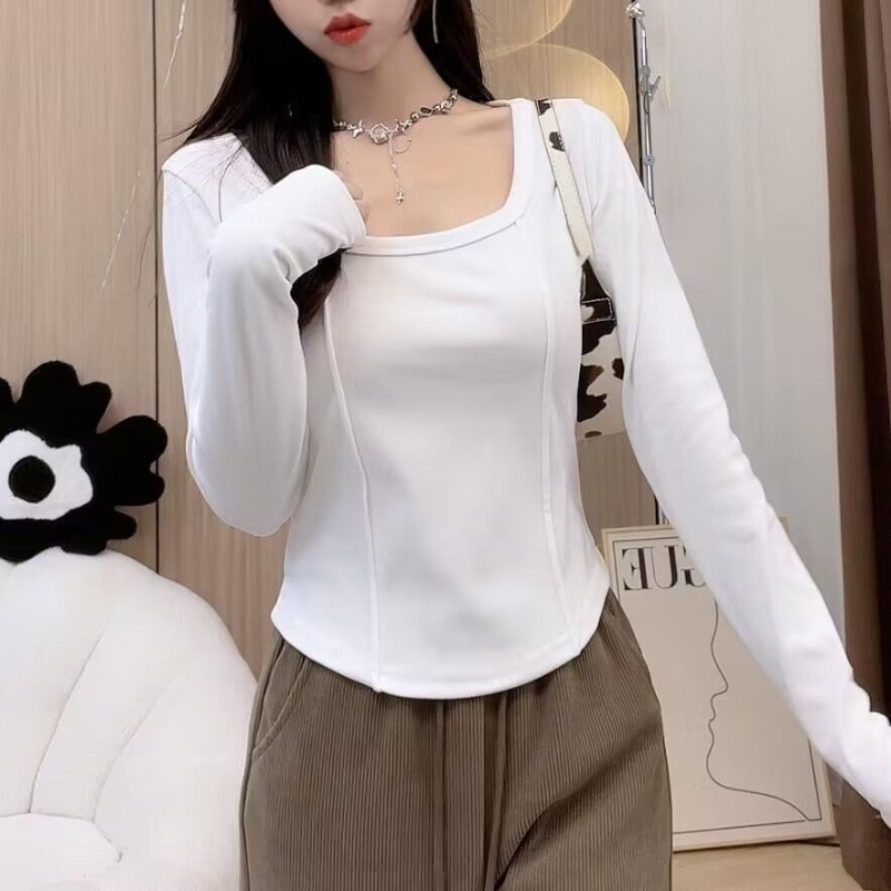 白色德绒内搭鱼骨方领正肩长袖打底衫女秋冬修身T恤纯欲辣妹上衣