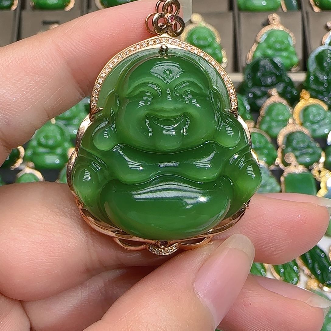 和田玉（碧玉）吊坠(不含链)18K金镶嵌