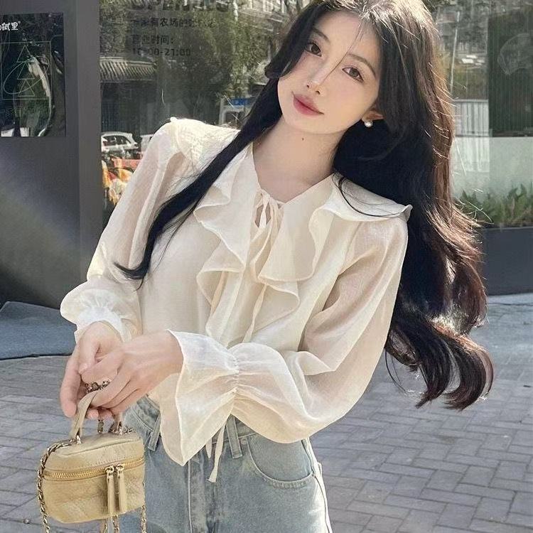 法式荷叶边雪纺衬衫女春秋设计感小众长袖衬衣小个子喇叭袖上衣89