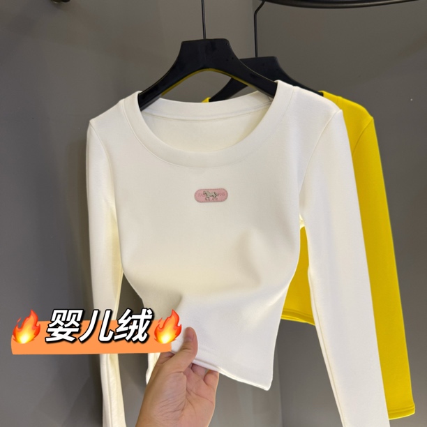 手工钉珠正肩t恤女小众设计感冬季新款甜辣加绒上衣内搭8007#