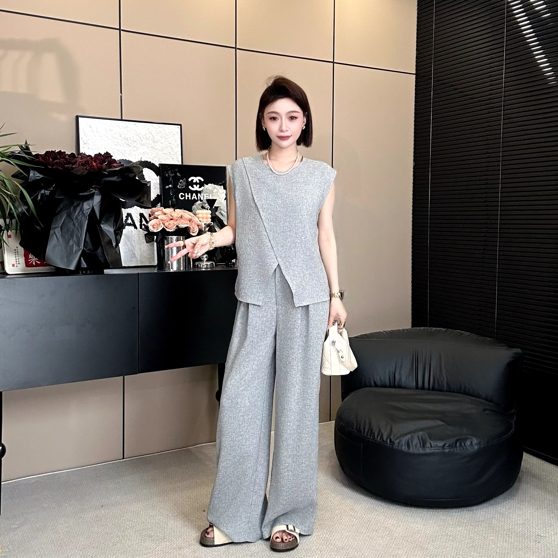 【送胸花】老钱风“亚麻一整套”重磅麻料肌理廓形马夹阔腿裤套装3013