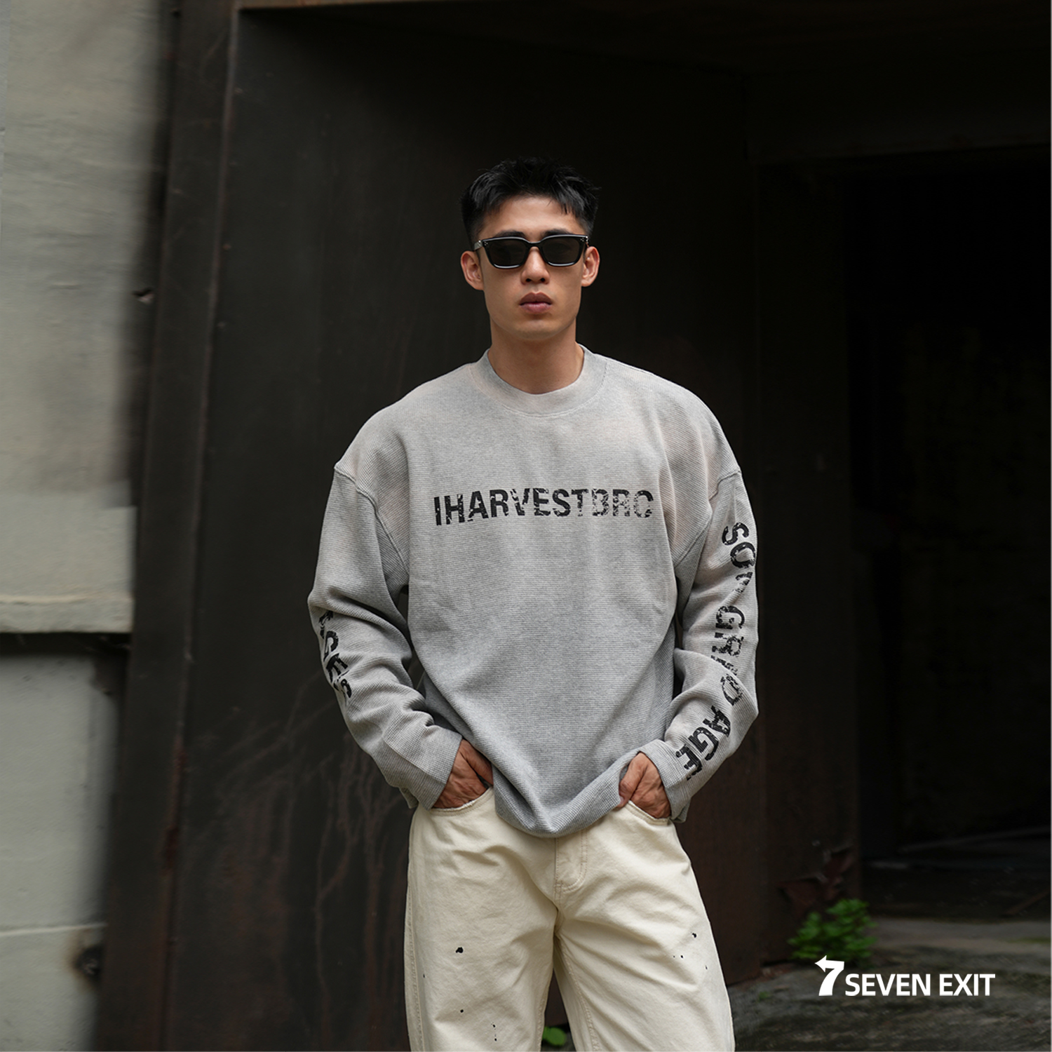 7SEVENEXIT-25FW-美式复古重磅华夫格男女百搭宽松圆领长袖T恤衫