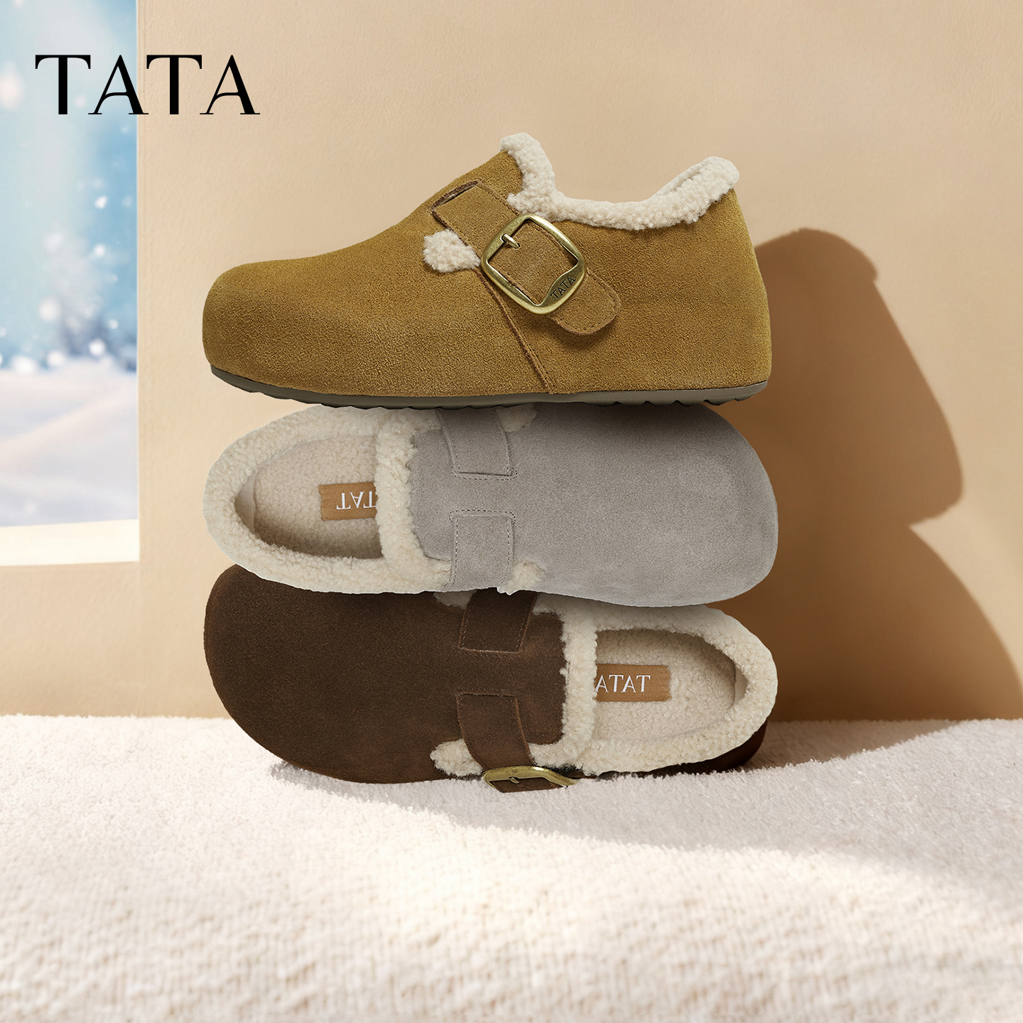【诗语专属】TATA他她2025冬新款复古毛毛栗子勃肯鞋女鞋4XN03DM5