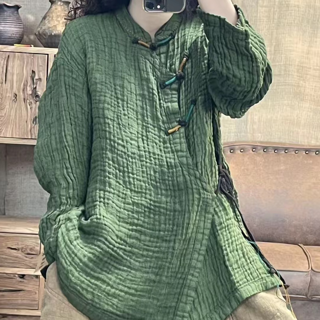 秋冬肌理亚麻炒色复古斜襟彩扣女士休闲上衣(长70胸围118)