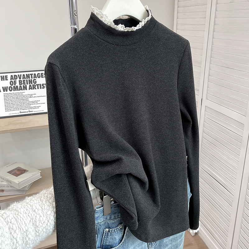 简约高级感蕾丝花边半高领长袖T恤打底衫修身加绒保暖内搭上衣冬