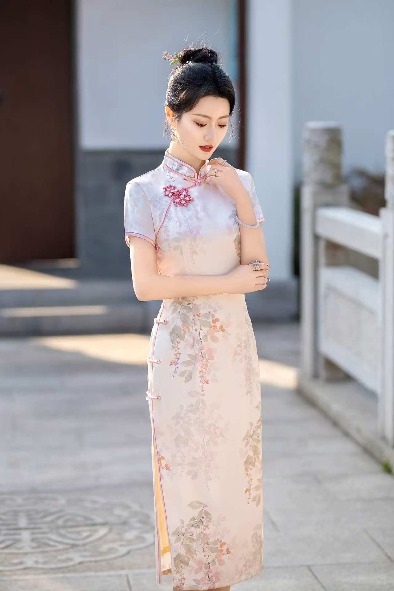 琴（紫藤花）夏季新品醋酸缎面复古气质优雅修身显瘦国风旗袍长118