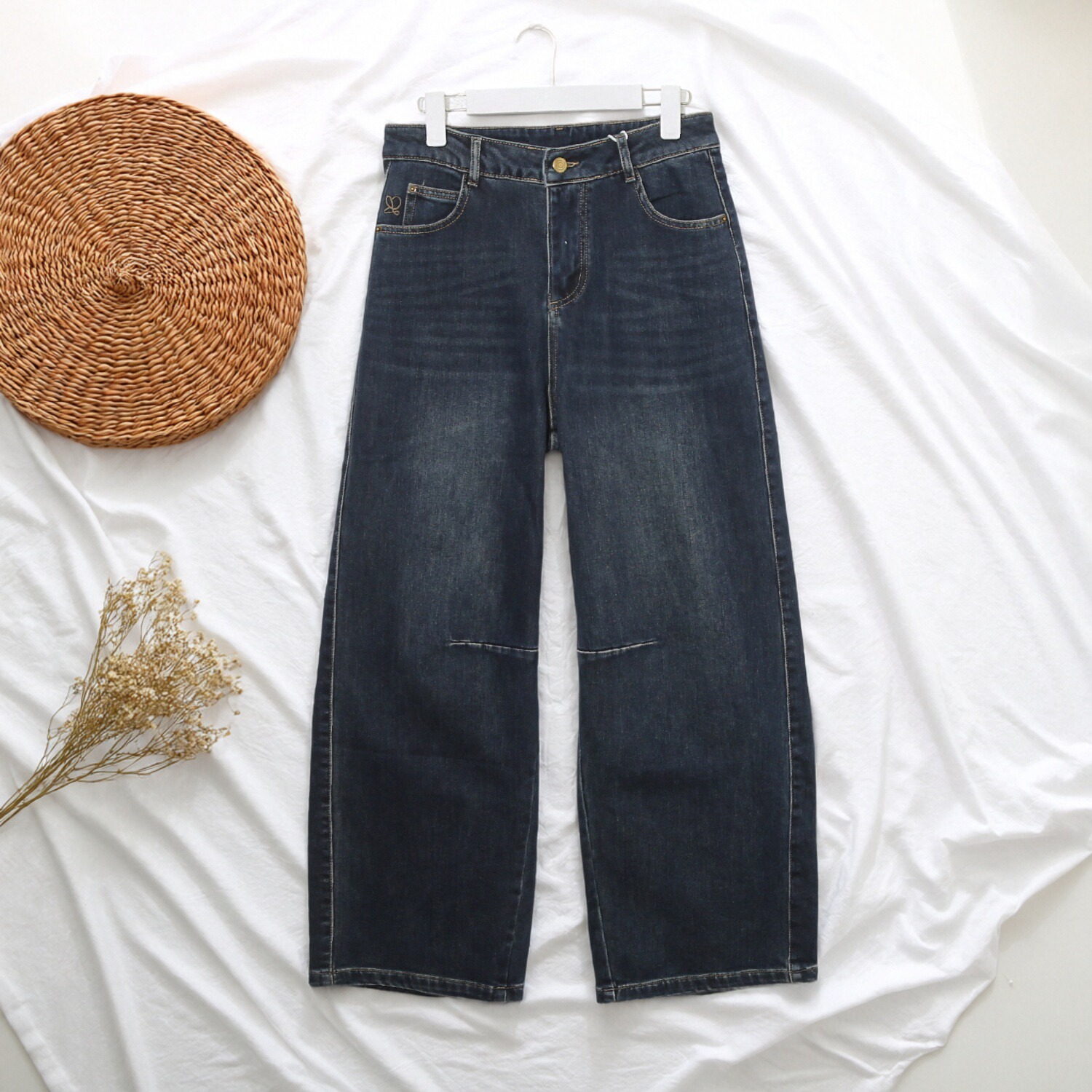 复古爆款阔腿裤做旧水洗百搭女士休闲保暖牛仔裤1F1024