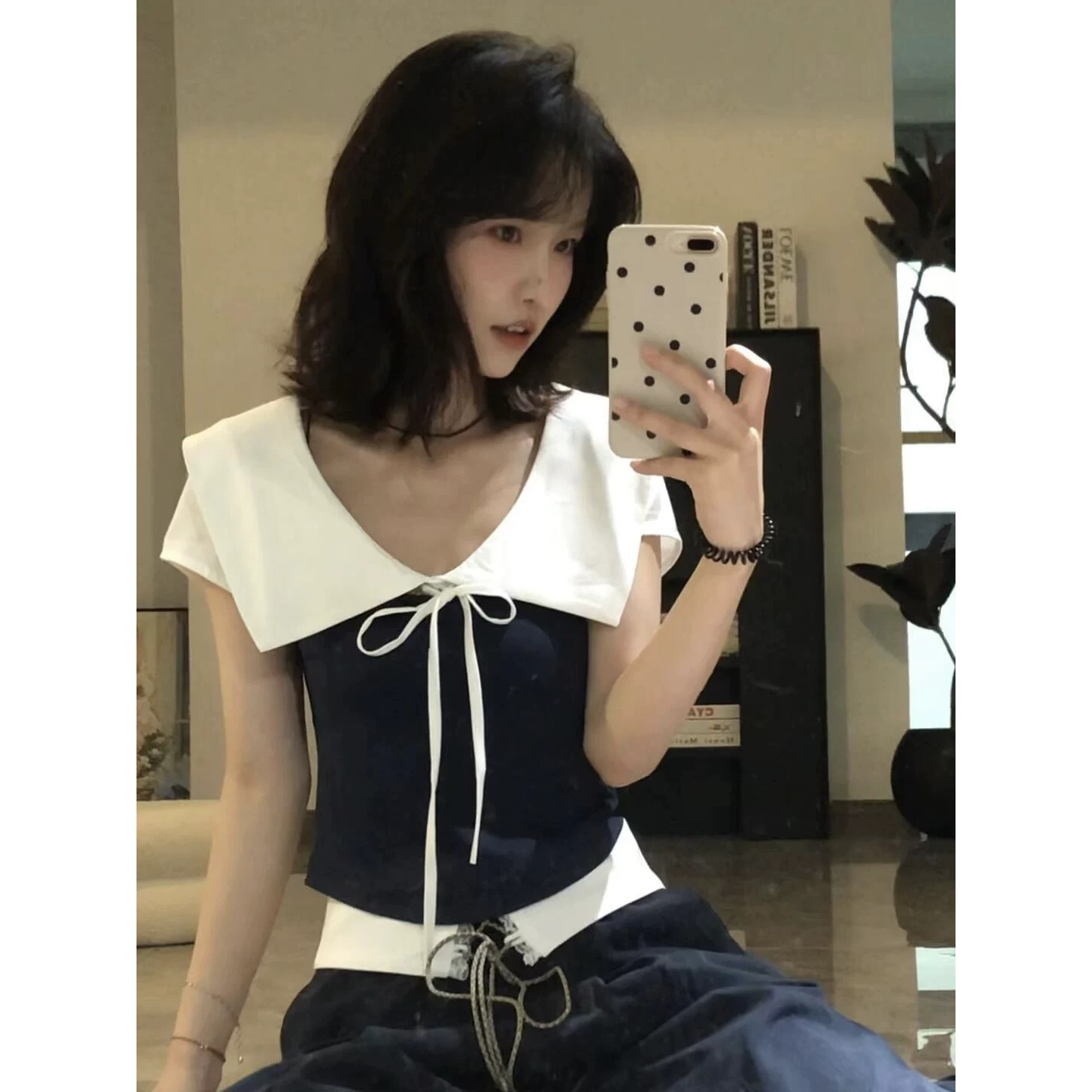 2025夏装新款胖mm大码女时尚翻领撞色弧形收腰显瘦短袖T恤