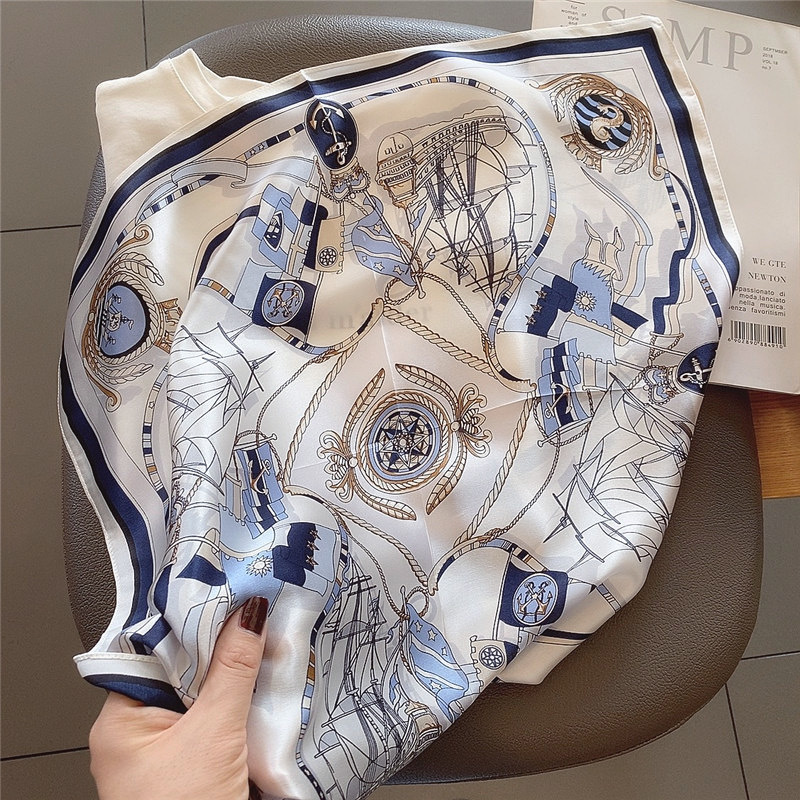专属Hongxi Scarves/鸿晰桑蚕丝白色帆船53方丝巾职业小领巾A058