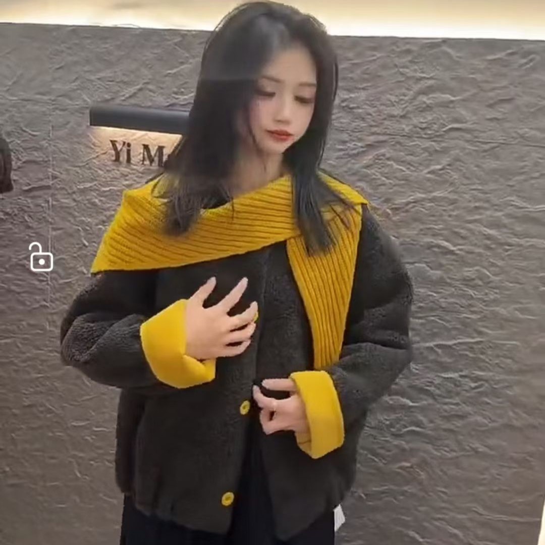 韩版皮毛一体短外套时尚秋冬季短款圆领保暖时尚百搭不显臃肿外套
